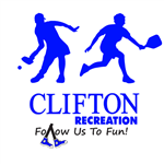 Pickleball Logo (Female and Male pickleball players with Clifton Recreation and Follow Us To Fun)