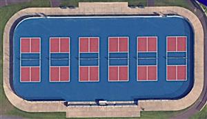 Aerial Photo of the Pcikcleball Arena at the Clifton SkateZone.  There are Six Pickleball Courts at this Location.