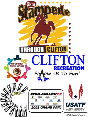A compilation of logos for the 5k Stampede through Clifton: 5k Stampede logo, City of Clifton Human Services logo, Clifton Recreation logo, Clifton Roadrunners logo, Paul Miller Auto Group 2025 Grand Prix logo, and the USATF of NJ 500 Point Event logo.